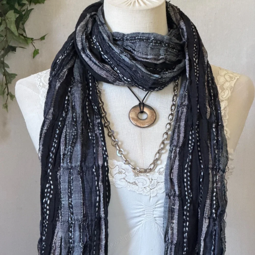 Black Metallic Sparkly Striped Fringe Scarf Whimsygoth Grunge Vintage